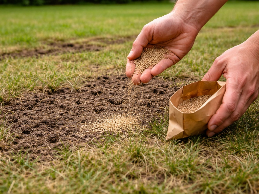 Handen strooien graszaad op kale plekken in een geventileerde, verticuterde grasmat.