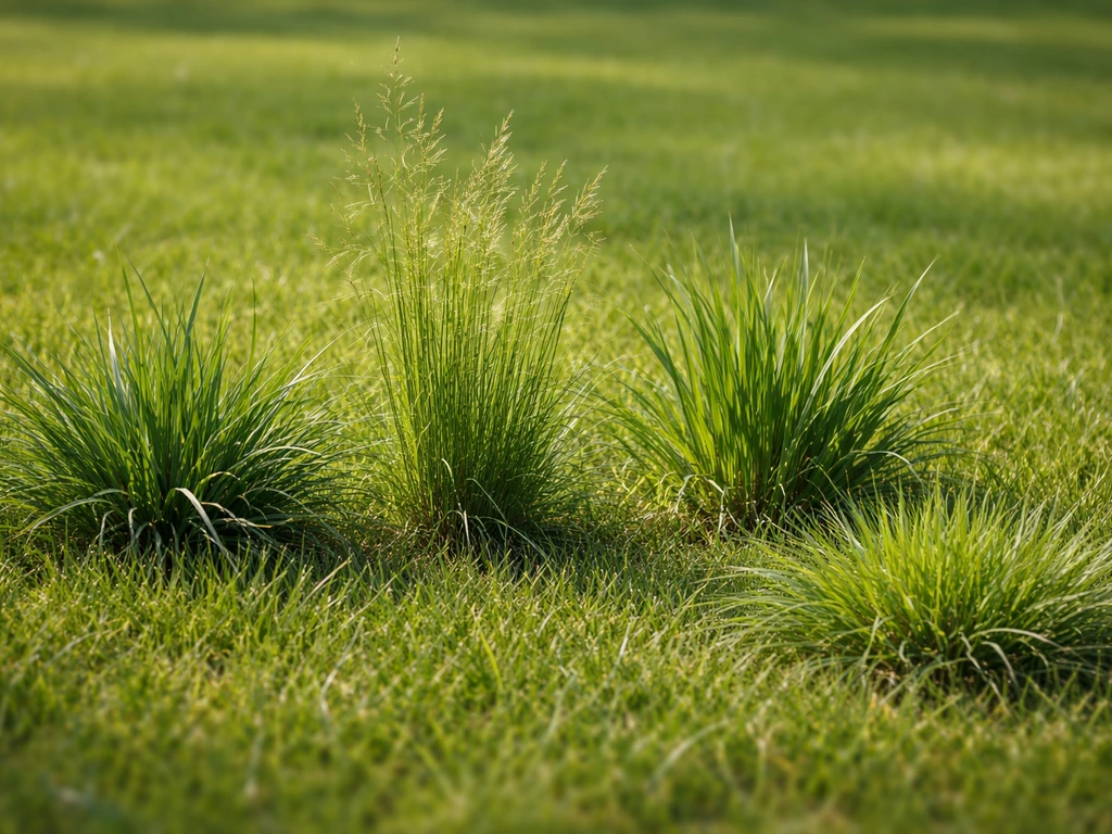 Close-up van graspolletjes in een gazon met duidelijk verschil in bladstructuur tussen “wild gras” en normaal gras