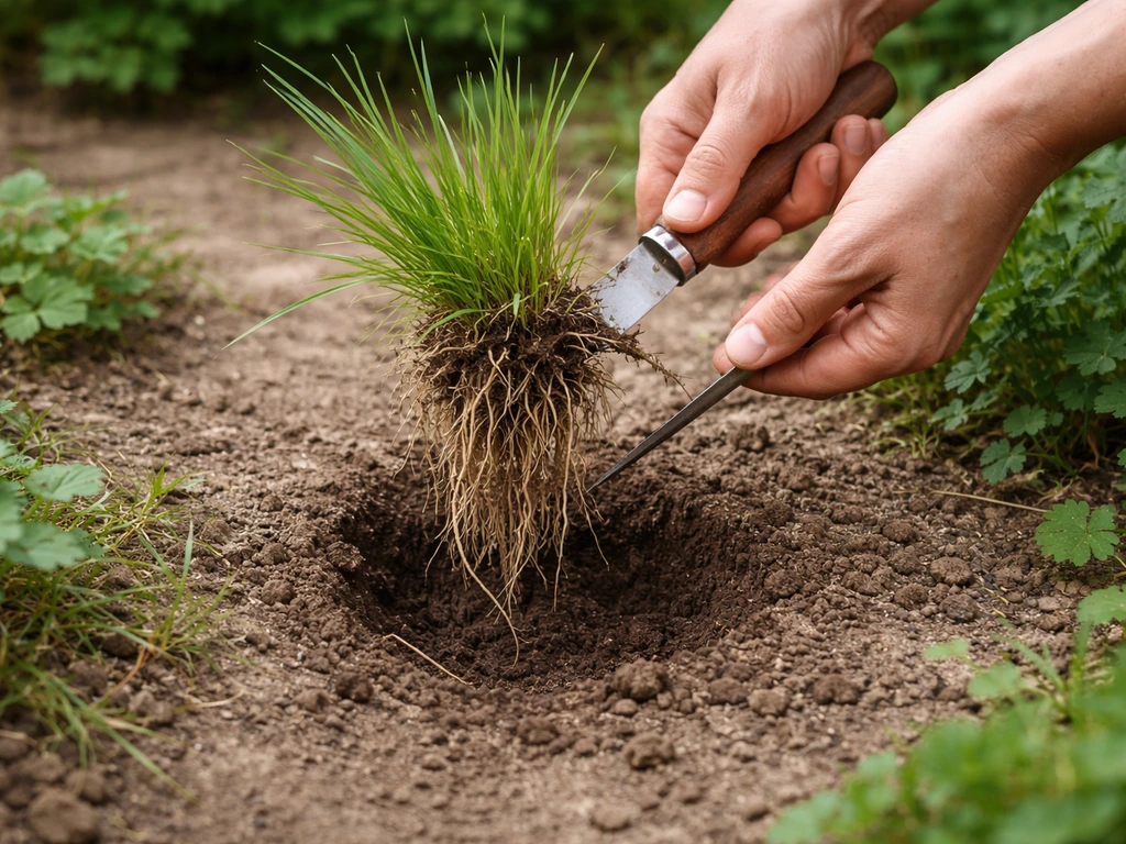 Handen met onkruidsteker graven een wild-graspil uit, wortels zichtbaar in de uitgegraven kuil.