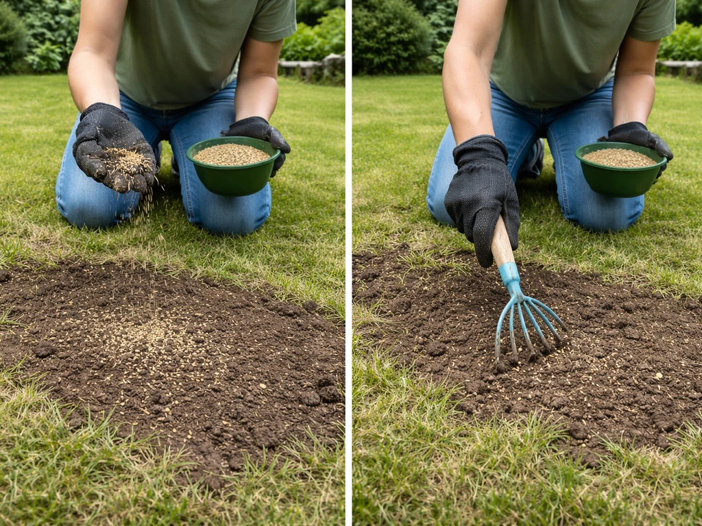 Tuinman strooit grasmengsel in lege grasplekken en werkt het licht in met een hark