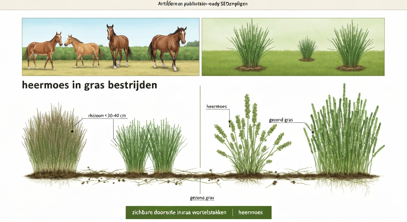 Doorsnede van een Nederlands gazon met gezonde grasmat naast heermoes-patches; bovengrondstengels en ondergrondse rhizomen zichtbaar (informatieve botanische illustratie).」},
