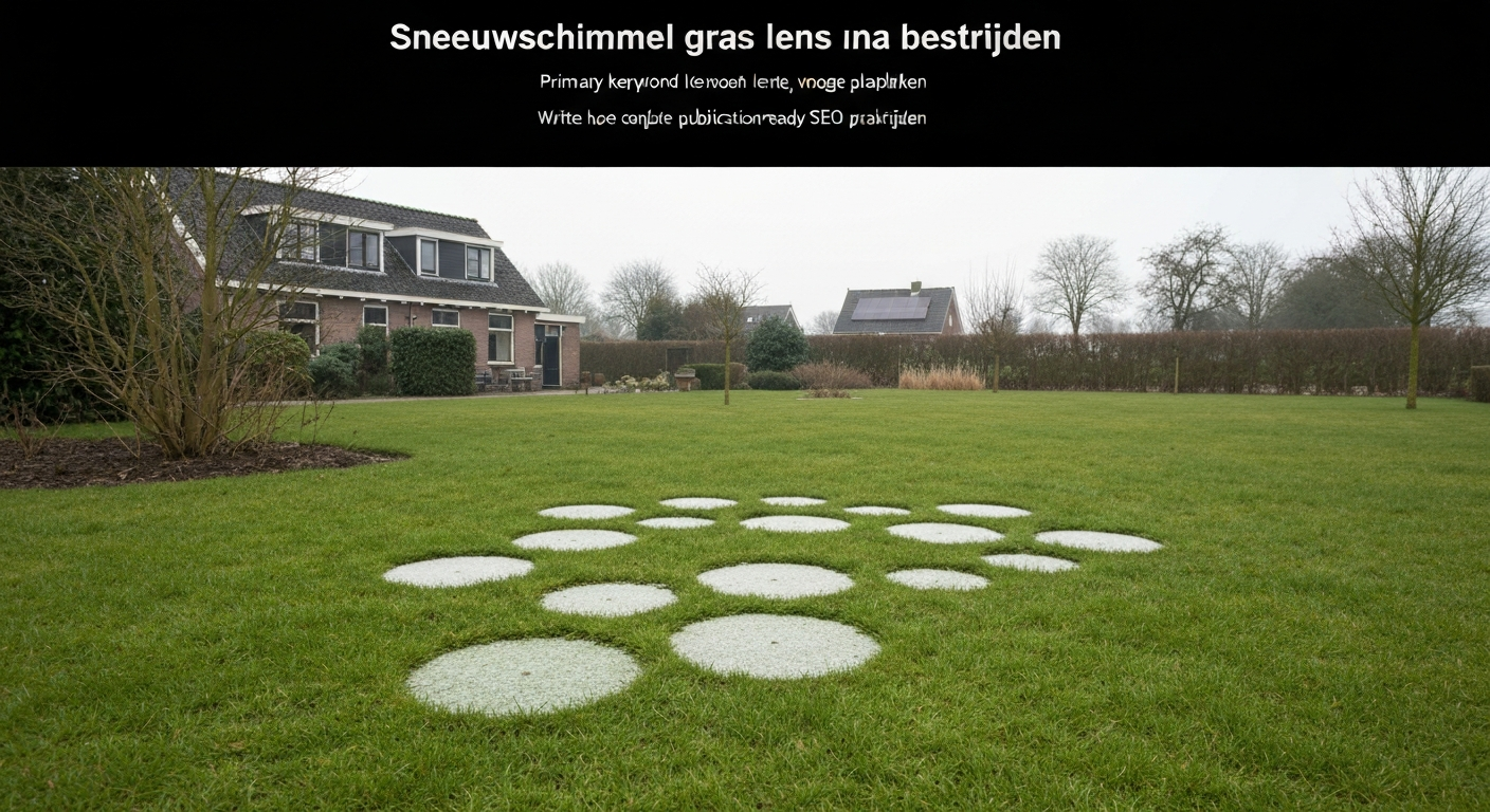 Breedbeeld van Nederlands gazon in vroege lente met ronde strogele en roodbruine vlekken na sneeuwsmelt, lichte schimmelpluis zichtbaar