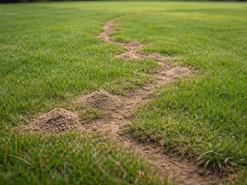 Nederlands gazon met zichtbare mierenloopsporen en kleine zandhoopjes langs de rand, gras deels opengetrokken