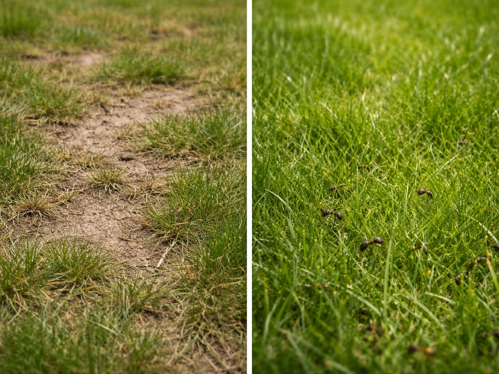 Links kale/uitgeholde grassprieten, rechts dicht gazon met mierenactiviteit zonder duidelijke schade.