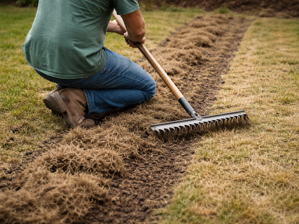 Tuinman werkt in een gazon: verticuteermes en losse viltlaag op de grond na behandeling