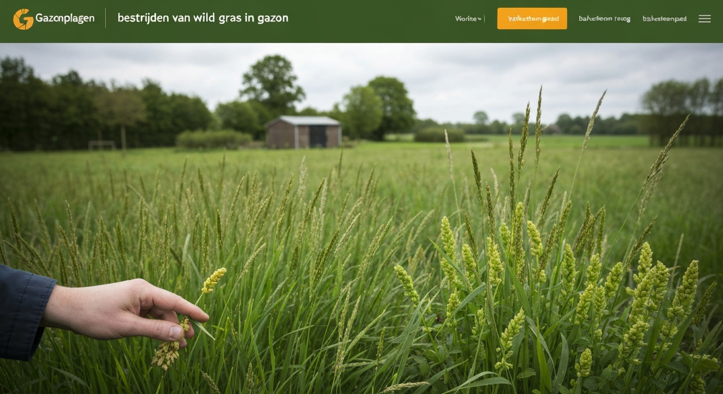 Gezond Nederlands gazon met hand die wild gras (straatgras/wilde aardbei) uittrekt; voorjaarslicht, baksteenpad en schutting op de achtergrond