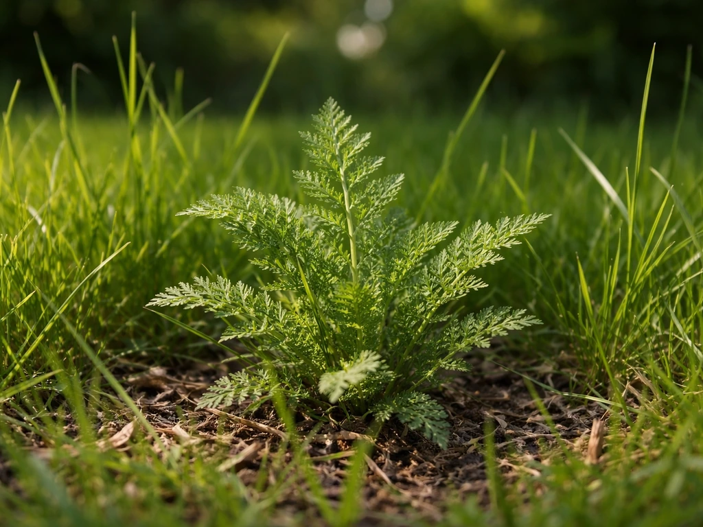 Close-up van duizendbladbladeren in het gazon, fijn verdeeld en varenachtig tussen het gras.