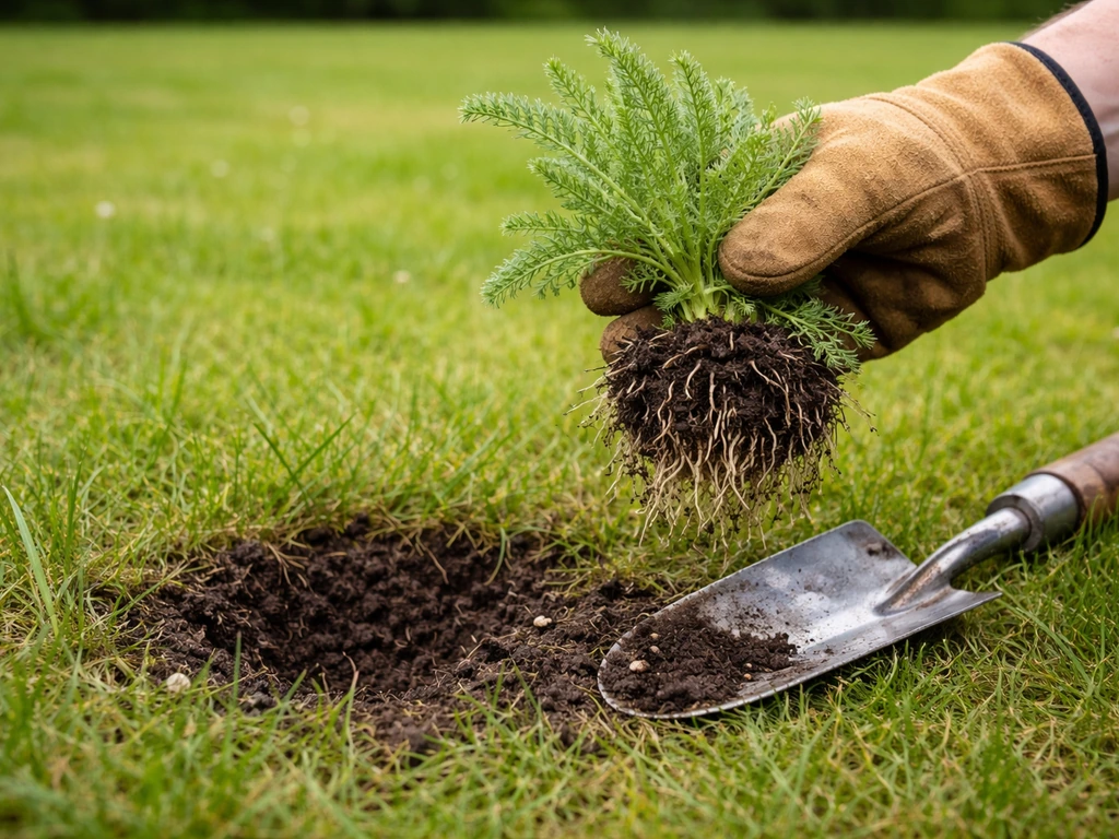 Handmatig duizendblad uitgestoken uit gazon, wortelrozet deels uit de grond naast het gras.