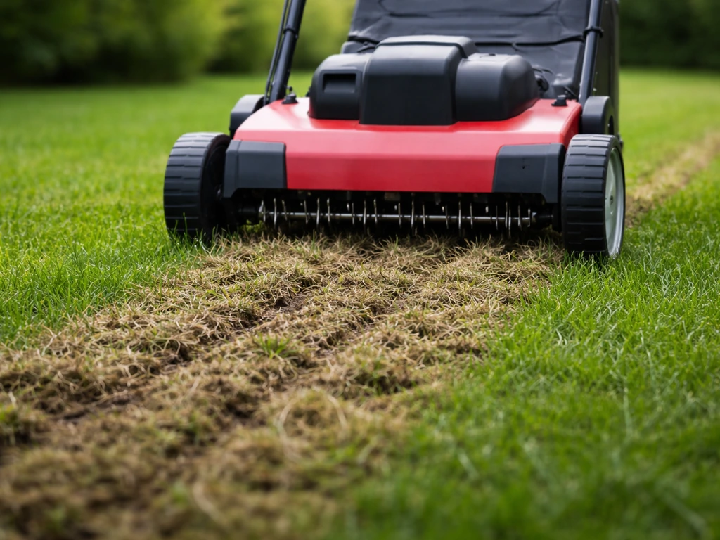 Verticuteermachine snijdt in de grasmat; zichtbare inkepingen met luchtkanalen voor beluchting