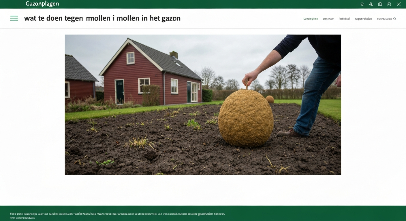 Nederlandse tuin met verse molshopen; persoon prikt met stok naast een hoopje om een hoofdgang te vinden.