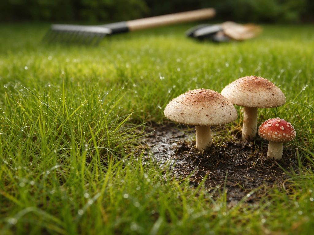Gezonde maar recent aangetaste tuin met paddenstoelen tussen het gras, vochtige bodem en tuingereedschap op de achtergro