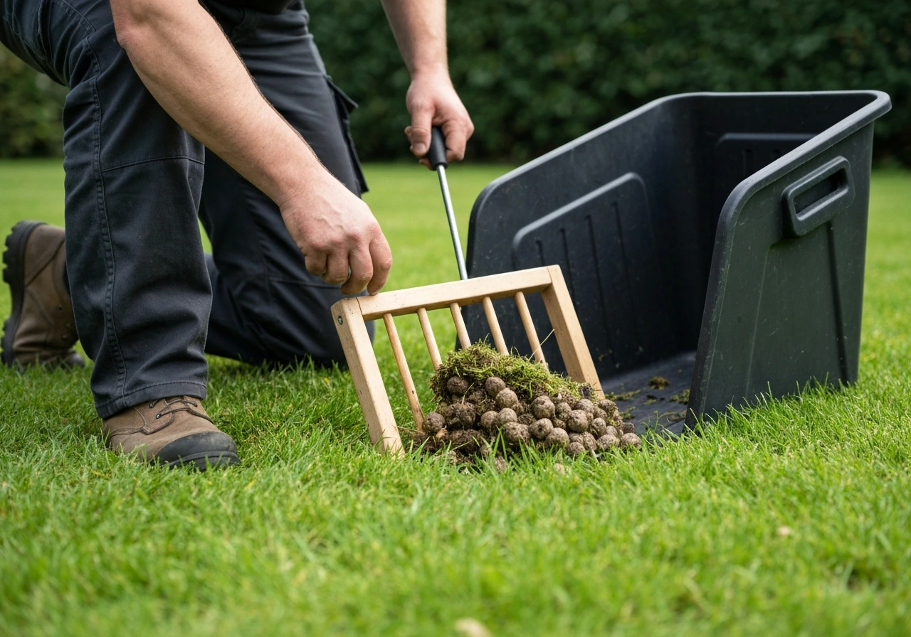 Tuinier met handschoenen haalt een paddenstoel uit het gras en doet die direct in een afvalzak
