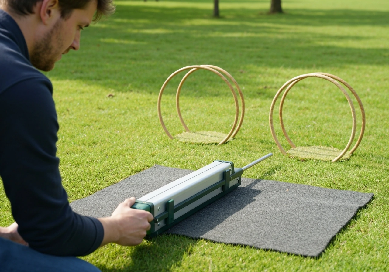 Man belucht het gazon met een holle tineprikker; zichtbare gaten in de grasmat voor betere drainage en zuurstof.