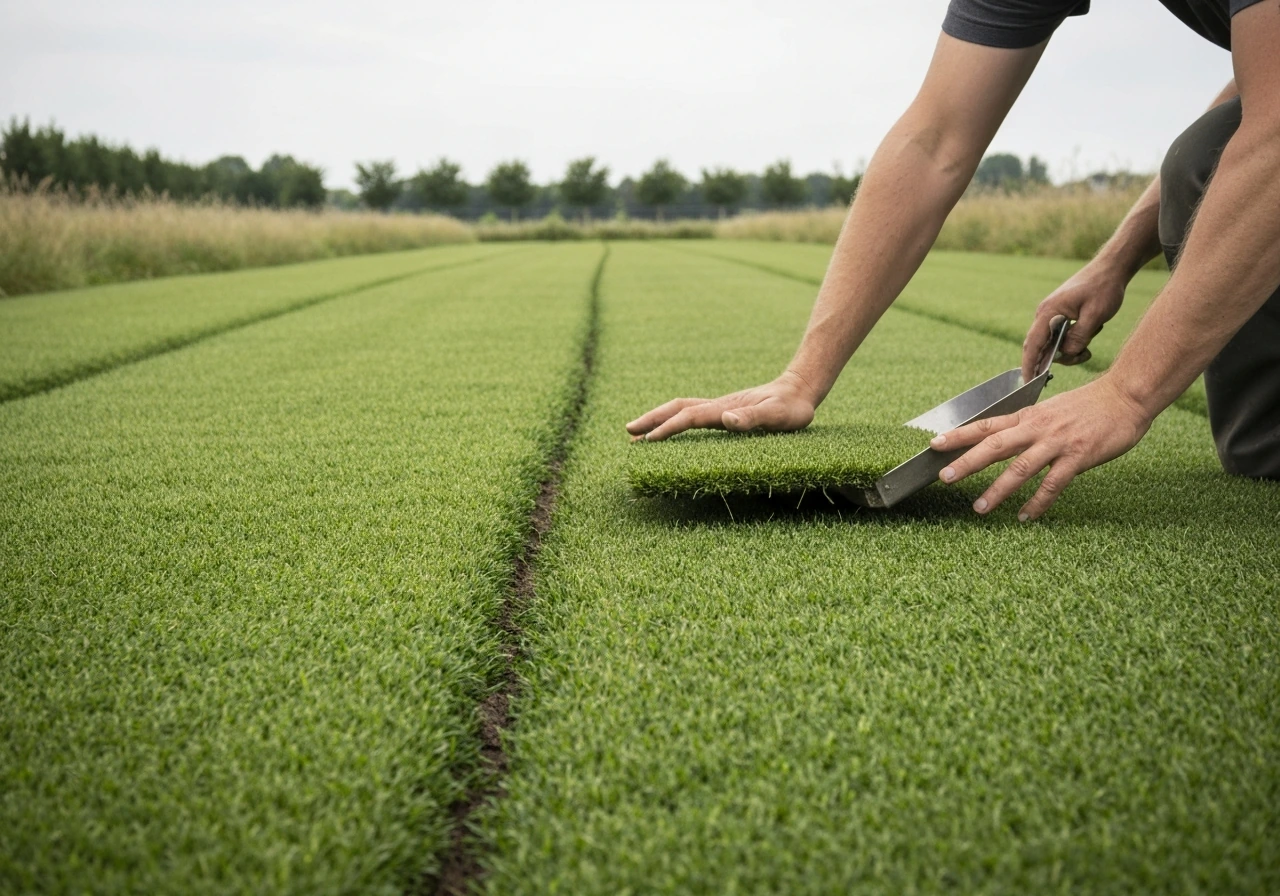 Groen gazon dat in september wordt klaargemaakt: een verticuteerhark en grof zand na beluchten
