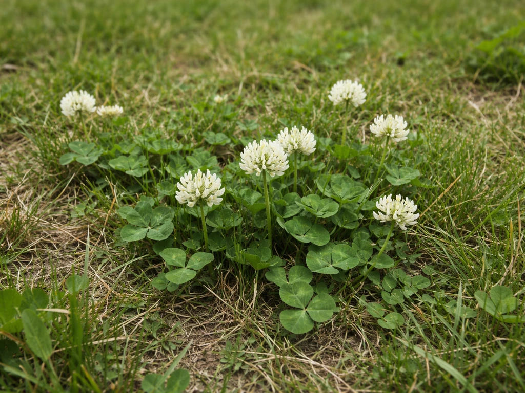 Witte klaver in een gazon met driebladige blaadjes tussen verouderd en ongelijk gras, klaar om te bestrijden.