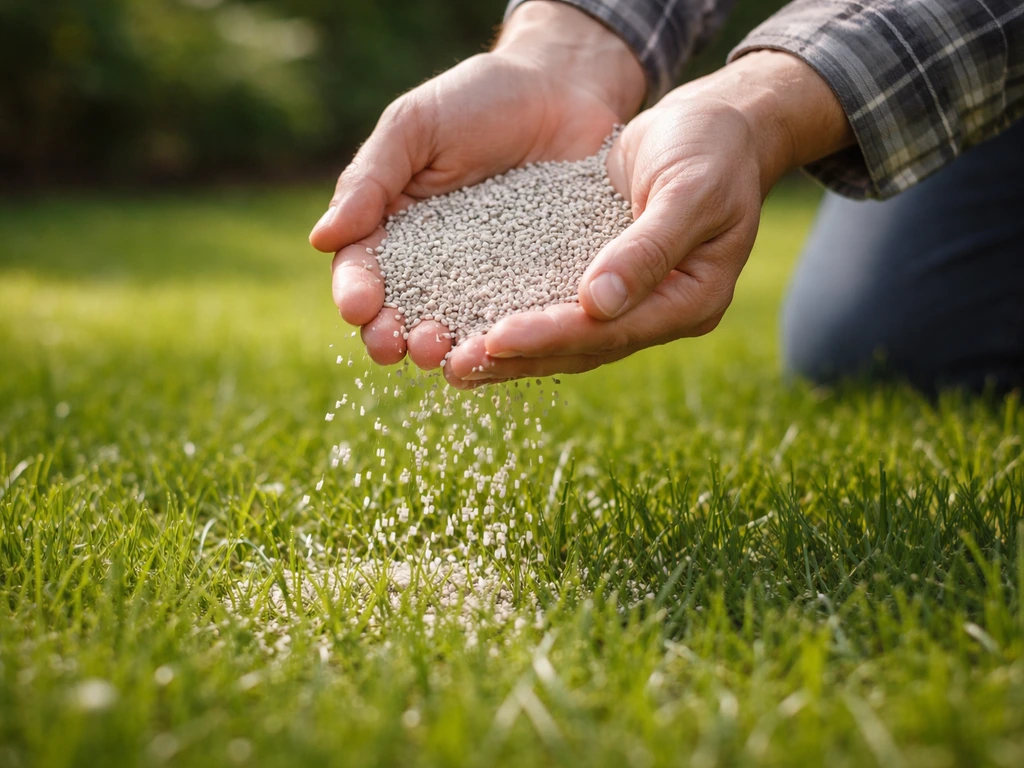 Hand strooit gazonmeststof gelijkmatig over het gras, met licht van opzij voor een natuurlijke look.
