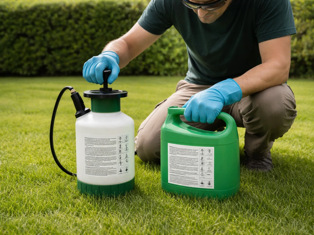 Anonieme tuinier met handschoenen en veiligheidsbril die een gazonmiddel aanbrengt, etiket zichtbaar op product