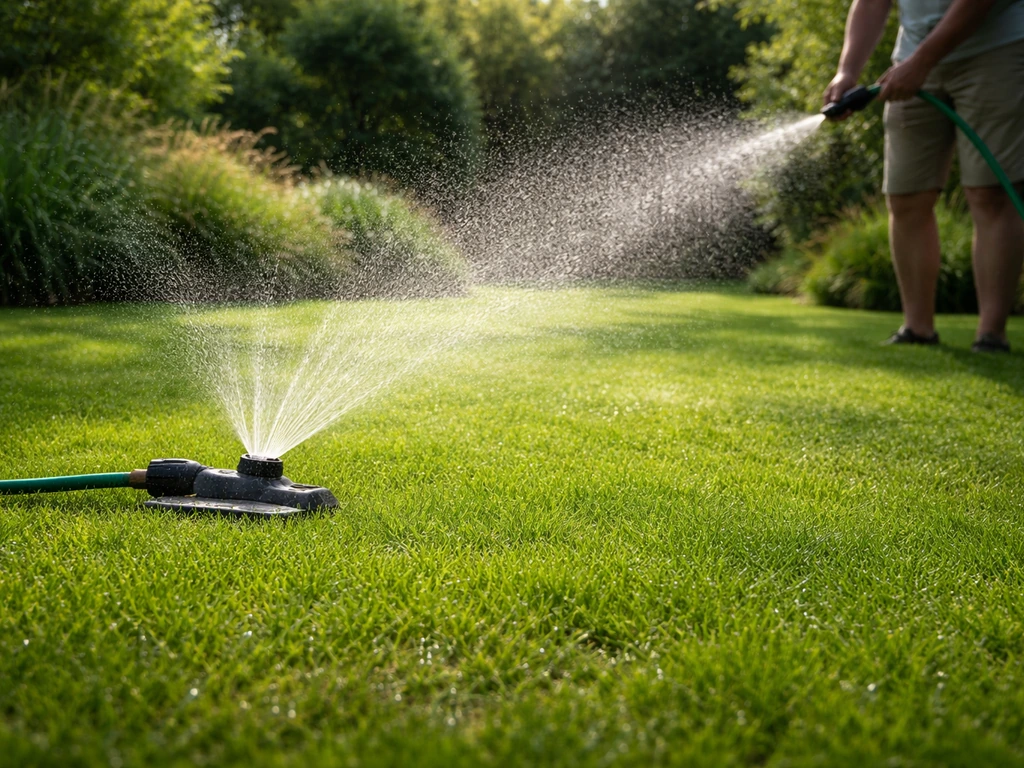 Sproeien van een gazon met tuinslang/sproeier, zichtbaar vochtig en frisser gras in de tuin.
