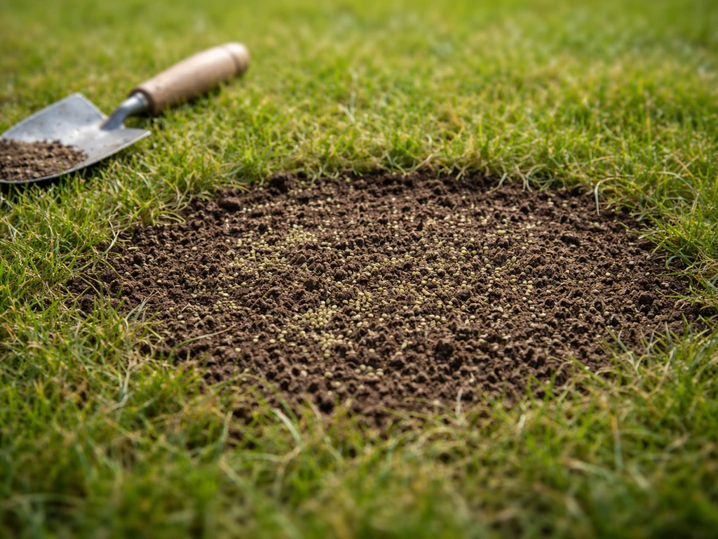 Kale plek in het gazon net bijgewerkt met aarde en graszaadmengsel, met beginnende hergroei.